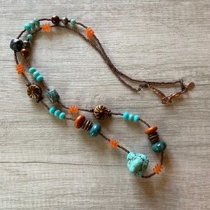 Treska Necklace Long Turquoise Brown Orange Boho Artsy Funky